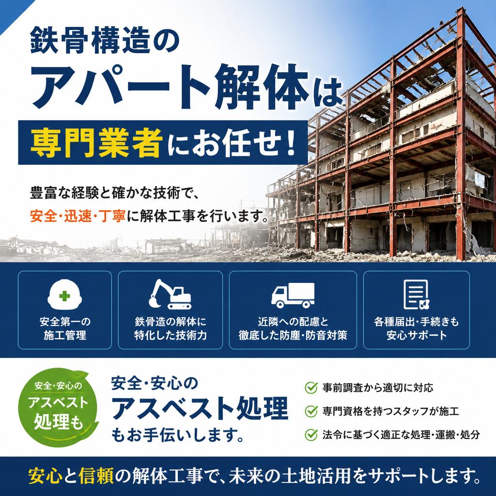 鉄骨構造のアパート解体は専門業者にお任せ！安全・安心のアスベスト処理もお手伝いします。