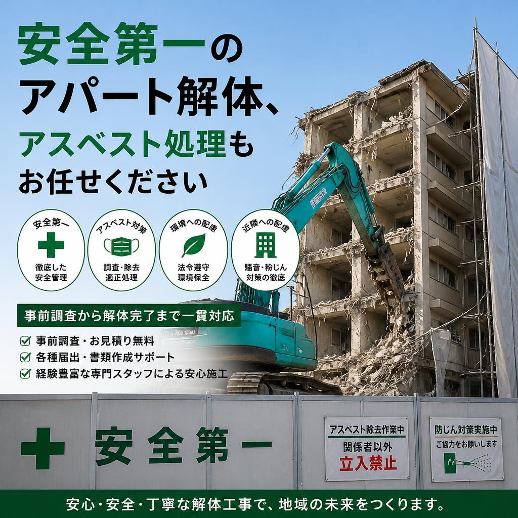 安全第一のアパート解体、アスベスト処理もお任せください