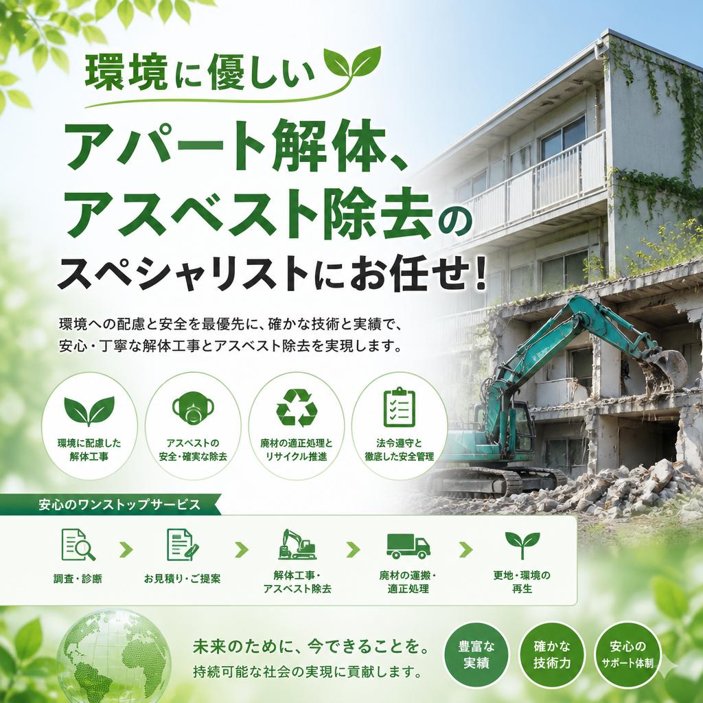 環境に優しいアパート解体、アスベスト除去のスペシャリストにお任せ！