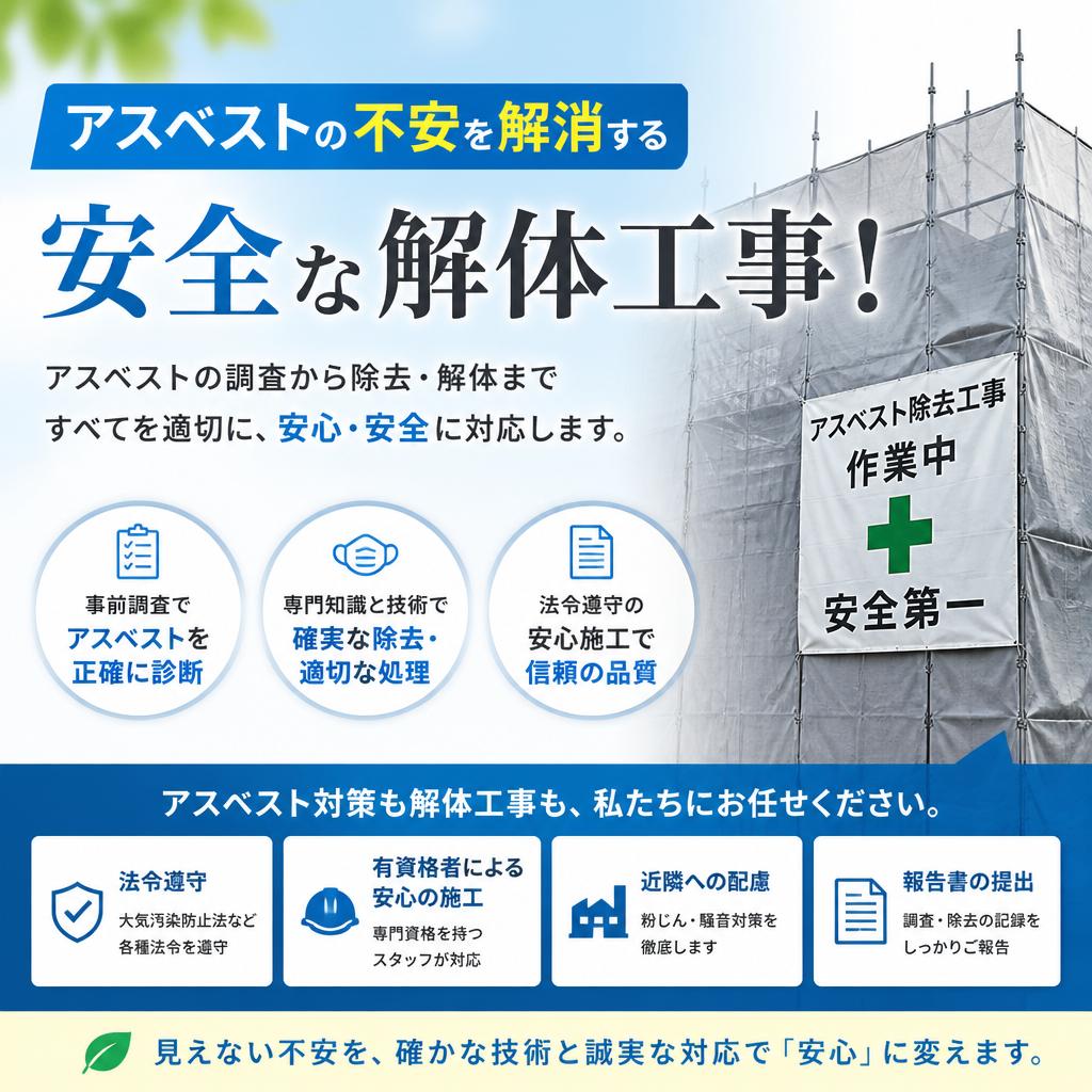 アスベストの不安を解消する安全な解体工事！