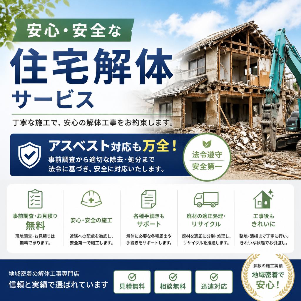 安心・安全な住宅解体サービス、アスベスト対応も万全！