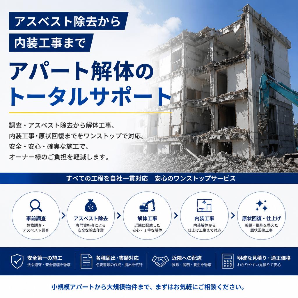 アスベスト除去から内装工事まで、アパート解体のトータルサポート