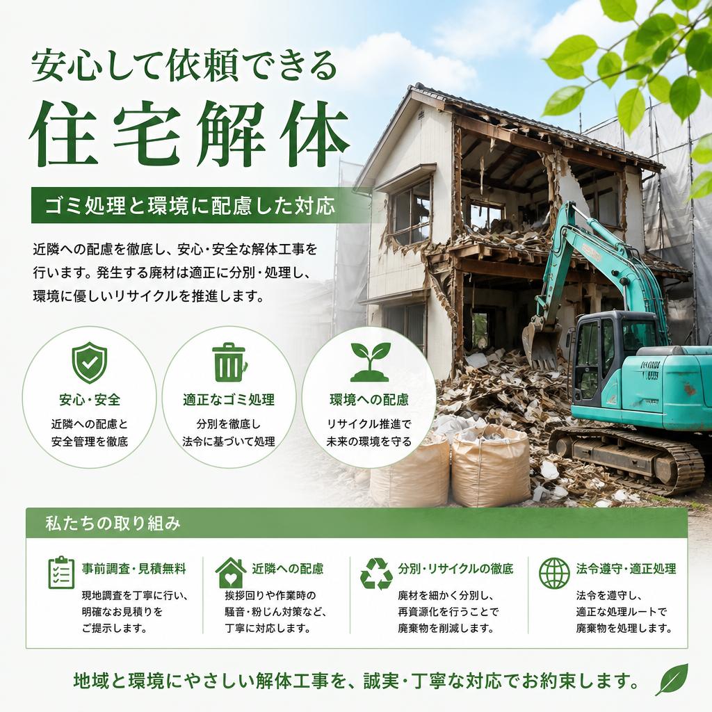 安心して依頼できる住宅解体、ゴミ処理と環境に配慮した対応
