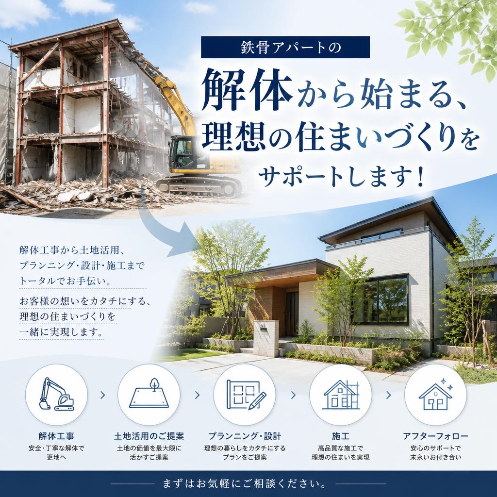 鉄骨アパートの解体から始まる、理想の住まいづくりをサポートします！