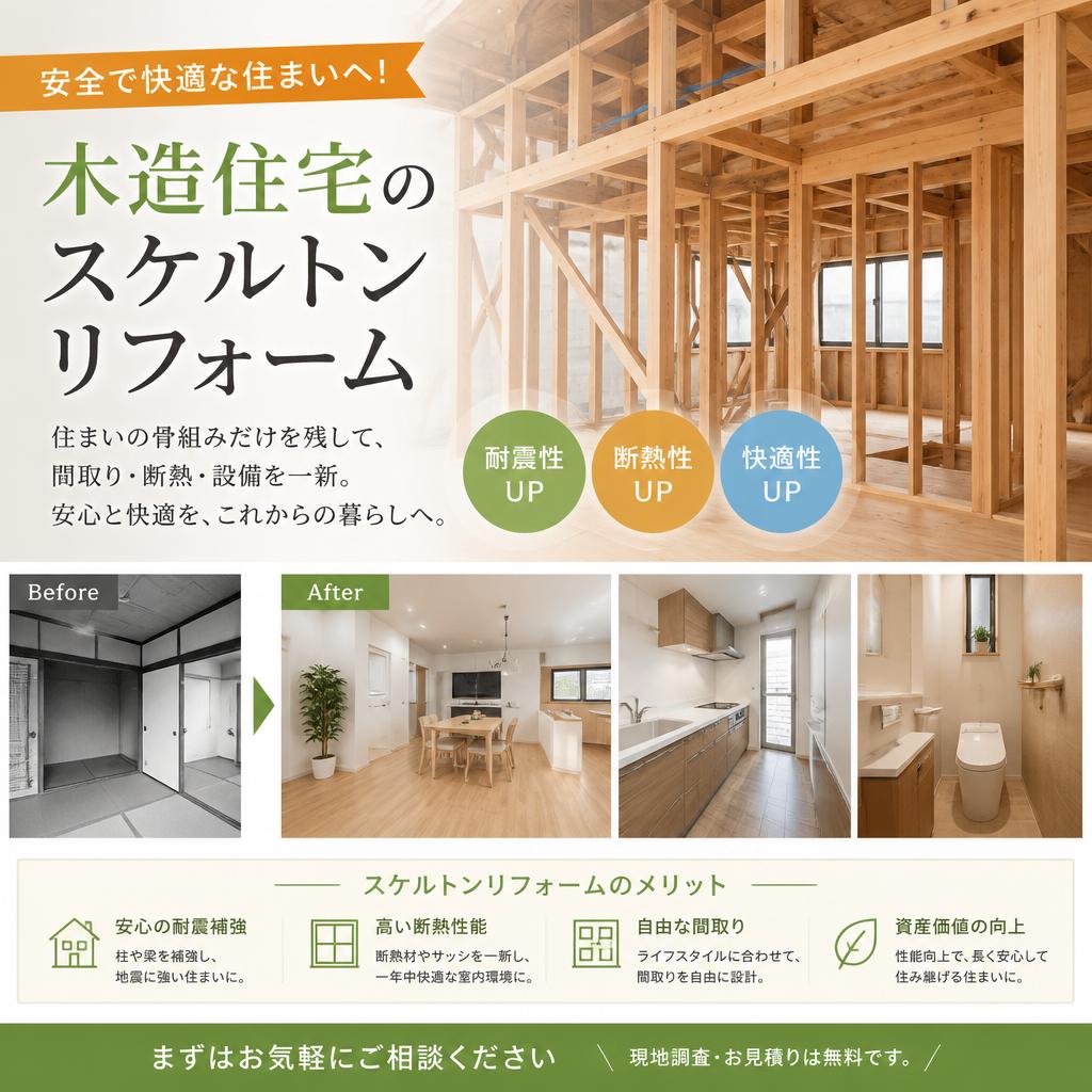 安全で快適な住まいへ！木造住宅のスケルトンリフォーム