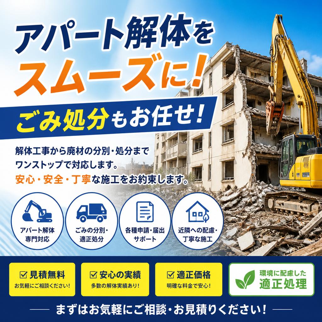 アパート解体をスムーズに！ごみ処分もお任せ！
