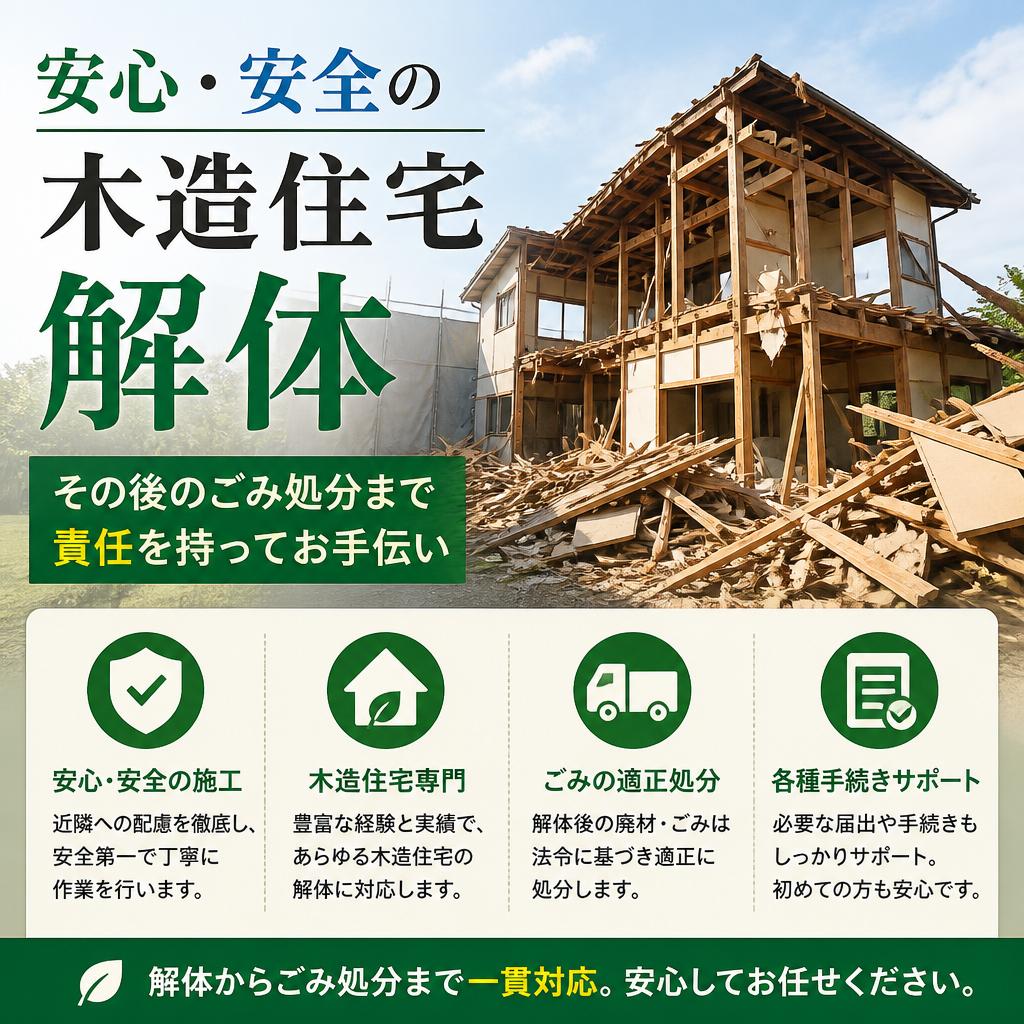 安心・安全の木造住宅解体。その後のごみ処分まで責任を持ってお手伝い