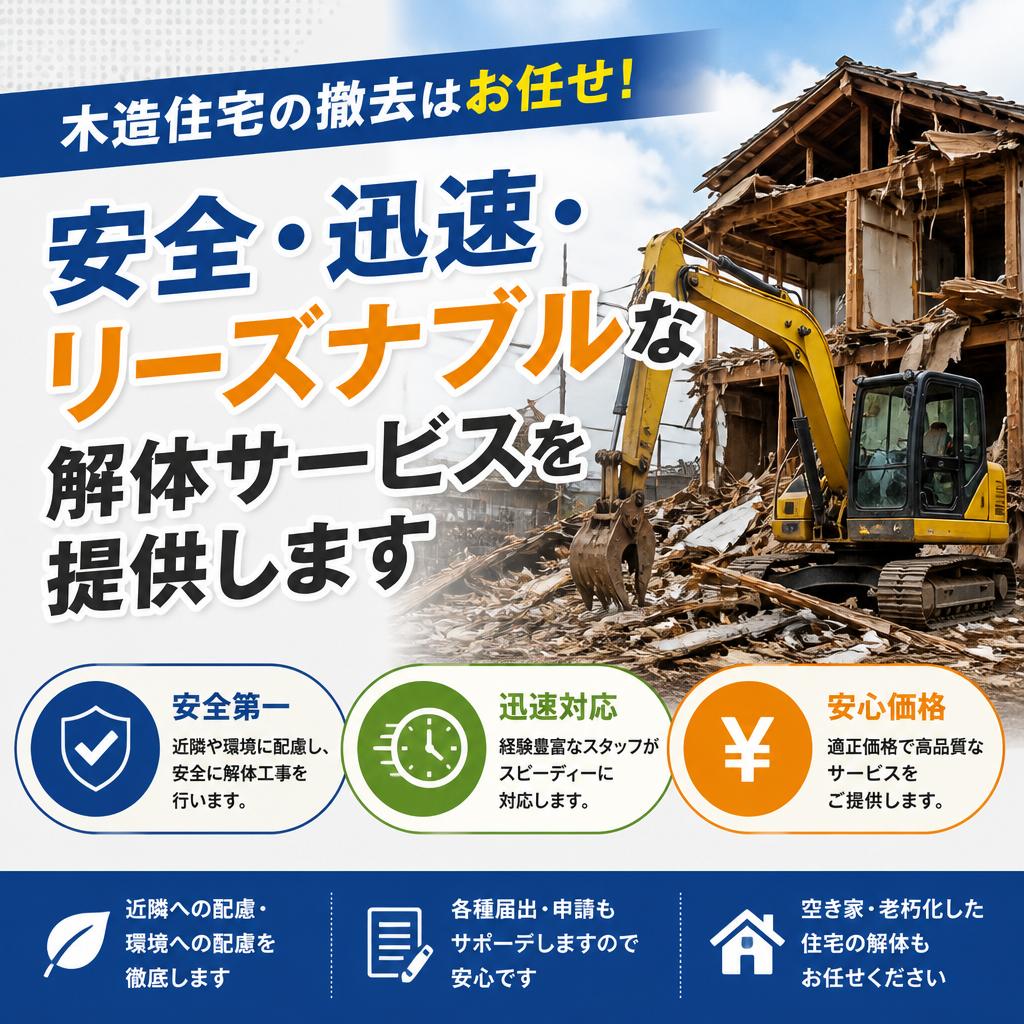 木造住宅の撤去はお任せ！安全・迅速・リーズナブルな解体サービスを提供します