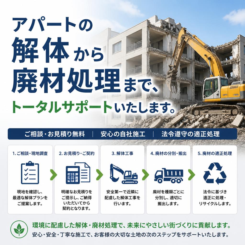 アパートの解体から廃材処理まで、トータルサポートいたします。