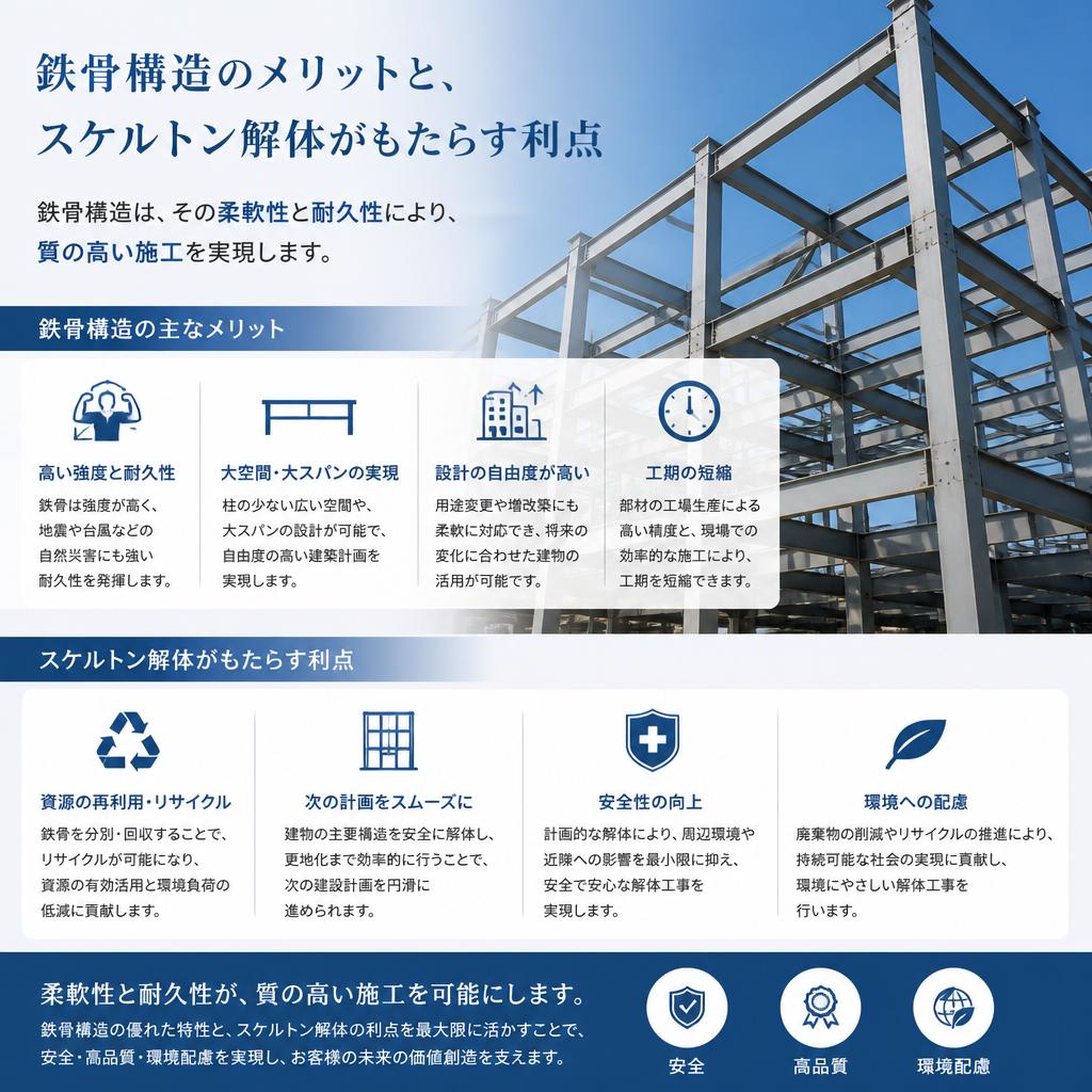 鉄骨構造の特性とスケルトン解体の利点