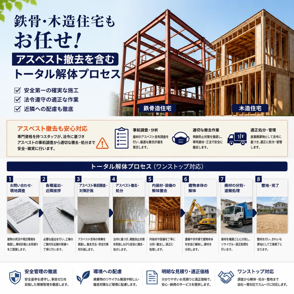 鉄骨・木造住宅もお任せ！アスベスト撤去を含むトータル解体プロセス