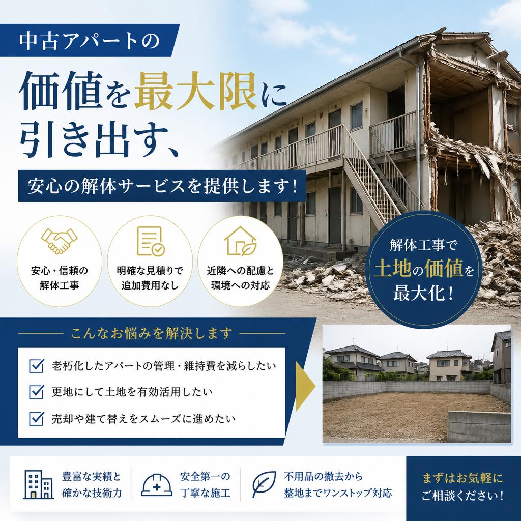 中古アパートの価値を最大限に引き出す、安心の解体サービスを提供します！